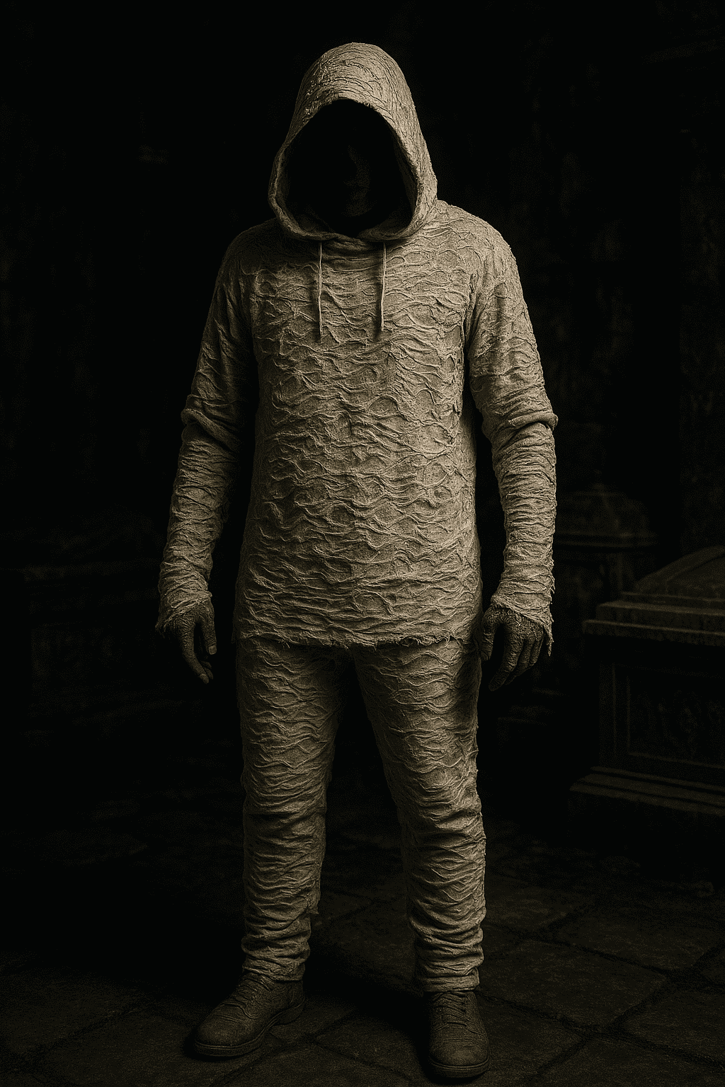 Distressed Hoodie Set – “The Shred Set” showcasing a haunting 2-piece hoodie and joggers appearance.