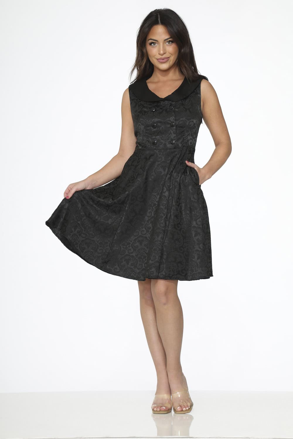 Gothic Dress – Brocade Gothika Punk Alternative Outfit featuring a black brocade sleeveless design with fold-over collar.
