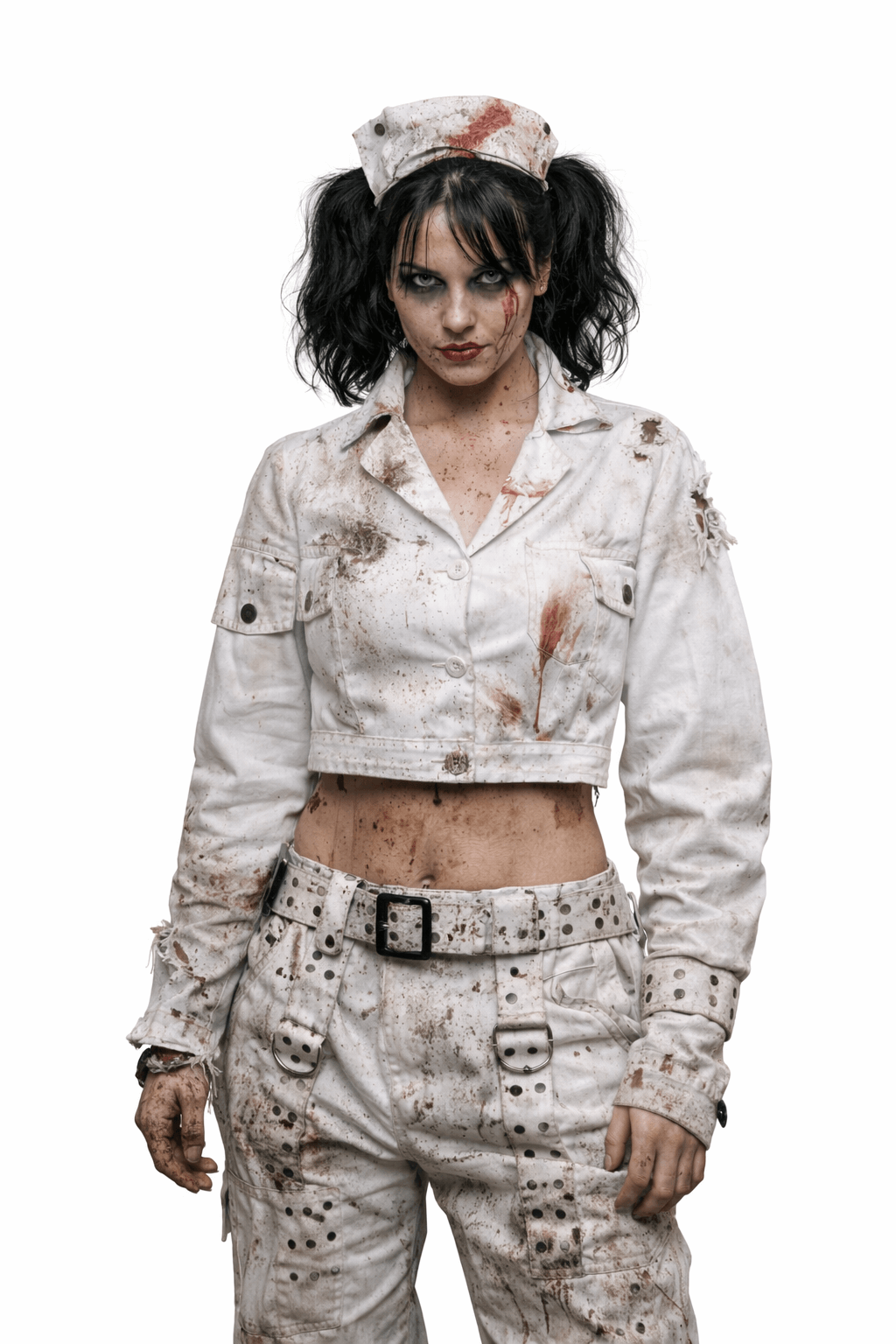 Distressed cropped denim jacket worn by a character with a spooky look and splatters, showcasing an edgy fashion style.