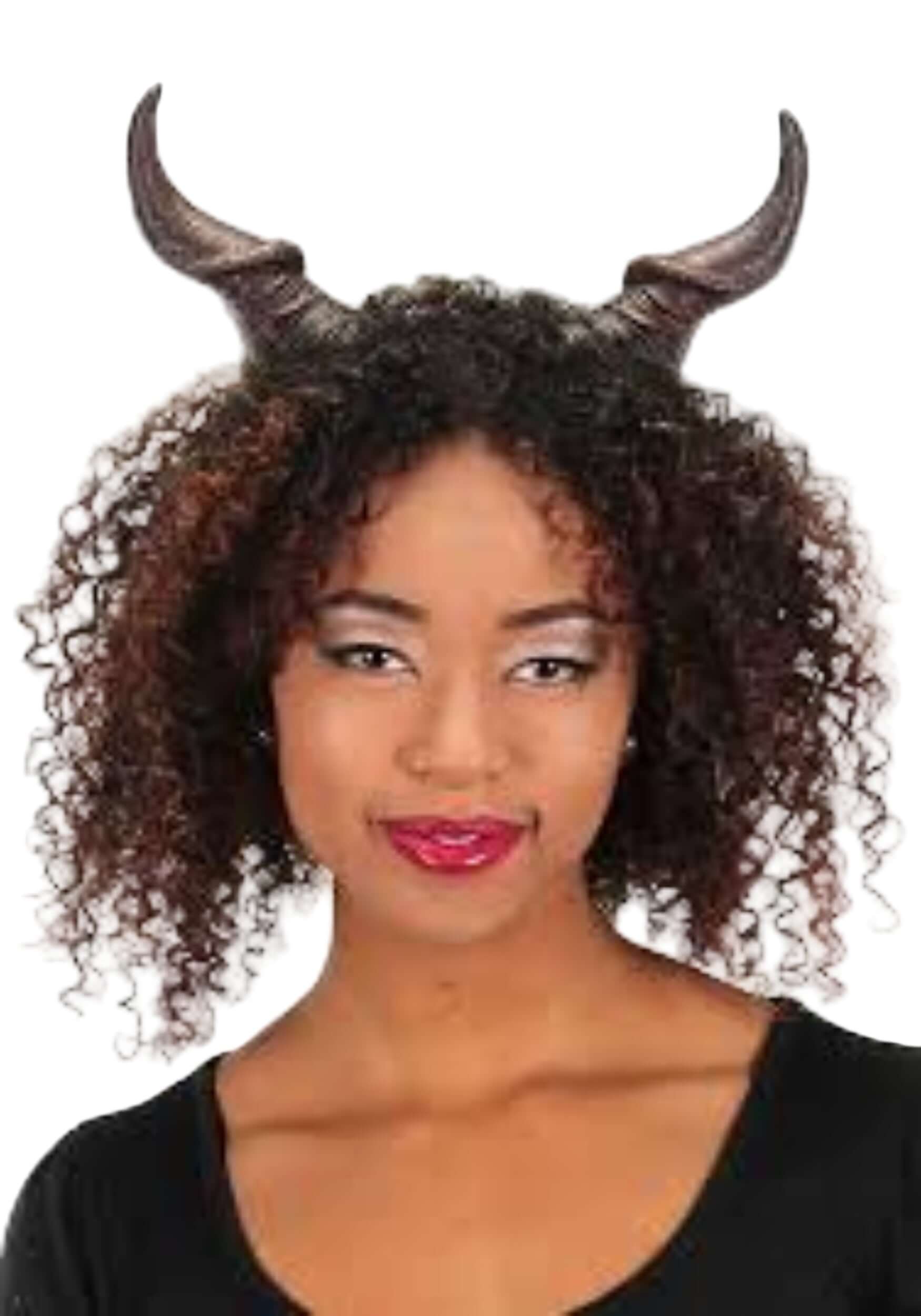 Beast Horns accessory worn by a woman with curly hair, perfect for gothic punk costumes.