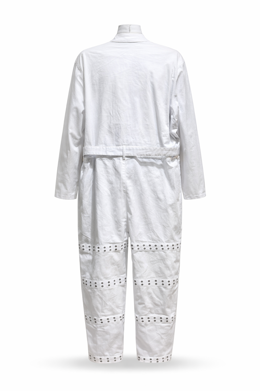 Back view of the Asylum Jumpsuit showcasing its sleek design and grommeted details.