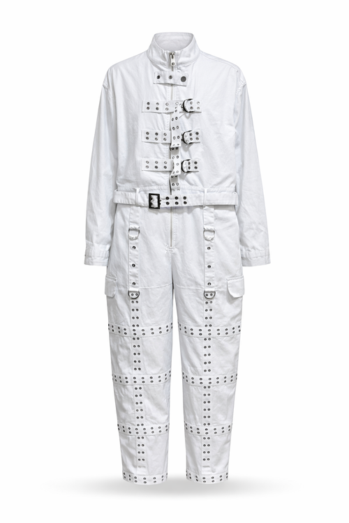 White Asylum jumpsuit with grommeted straps.