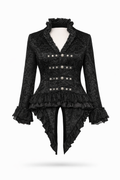 Black brocade tailcoat with decorative buttons.