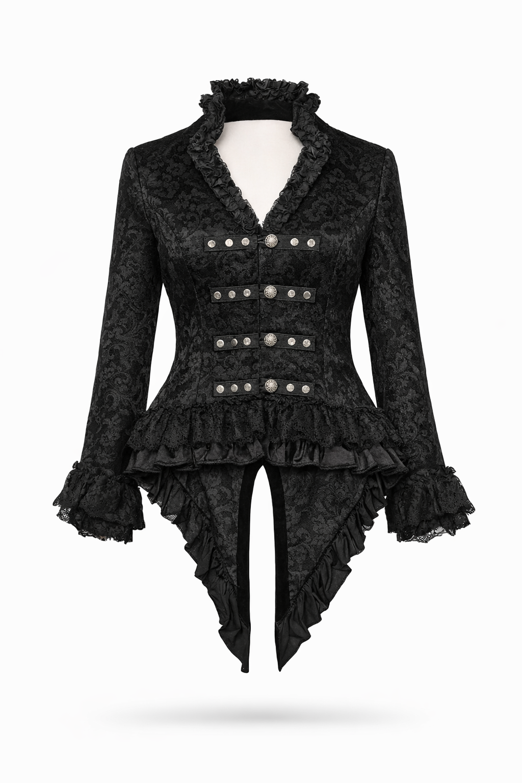 Black brocade tailcoat with decorative buttons.