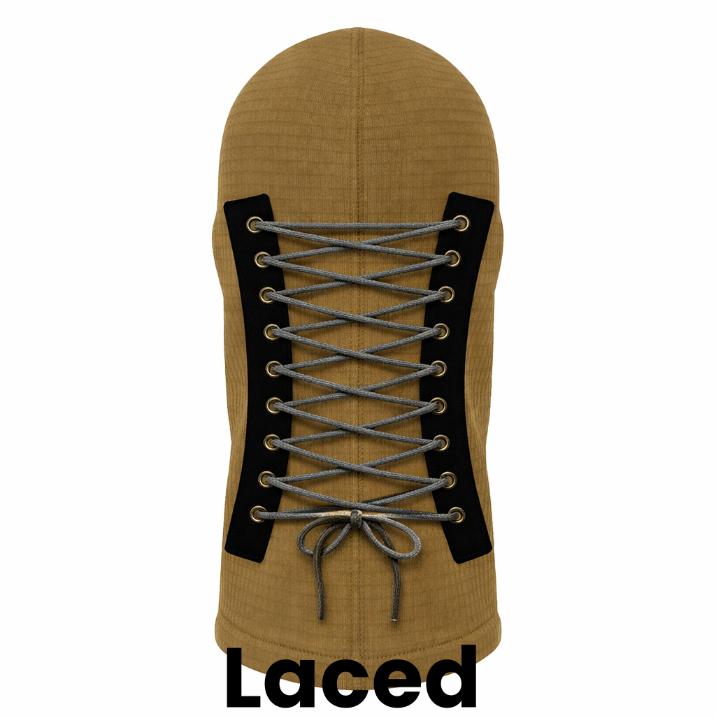 Head Sock Mask Base Lace-Up Balaclava with laced design for comfort and secure fit under masks.