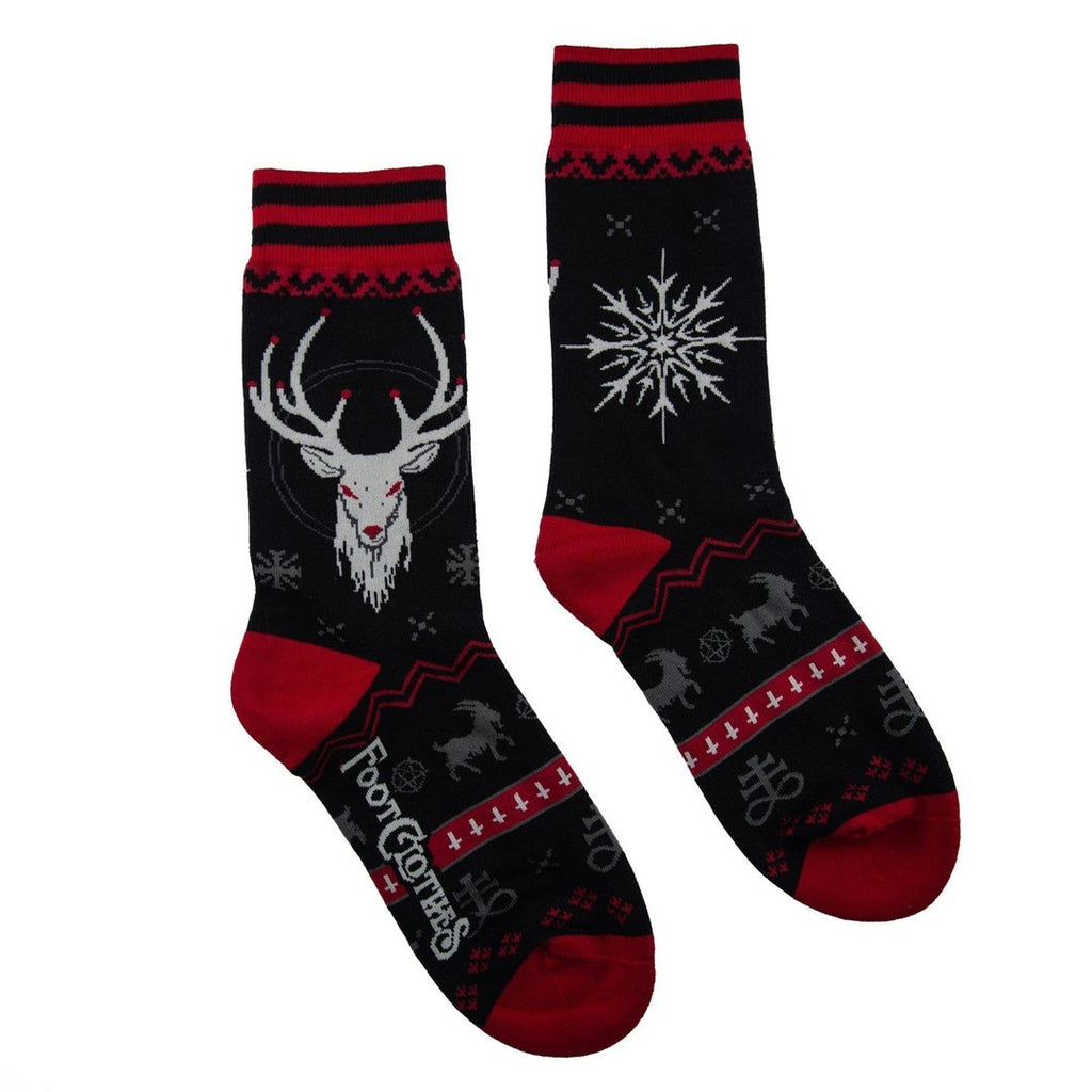 Krampus & Beelzebuck holiday crew socks with festive designs and colors for a fun Christmas style.