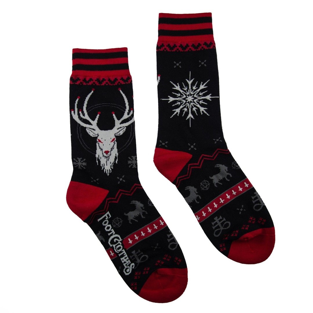 Krampus & Beelzebuck holiday crew socks with festive designs and colors for a fun Christmas style.