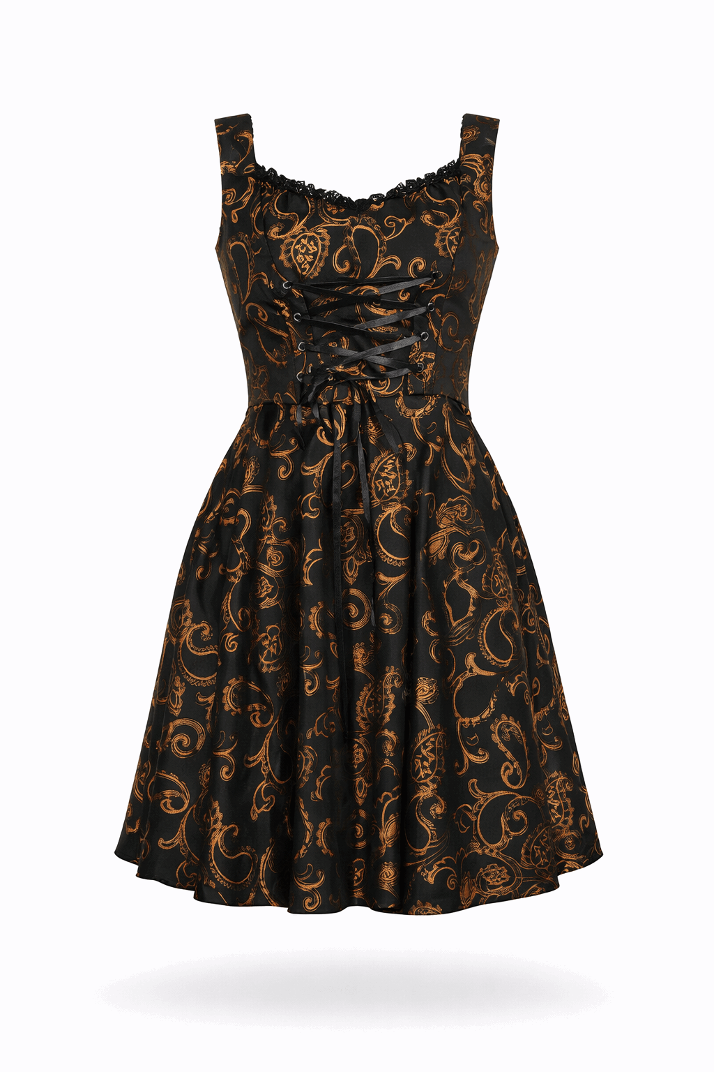 Black and gold brocade dress with corset lacing.