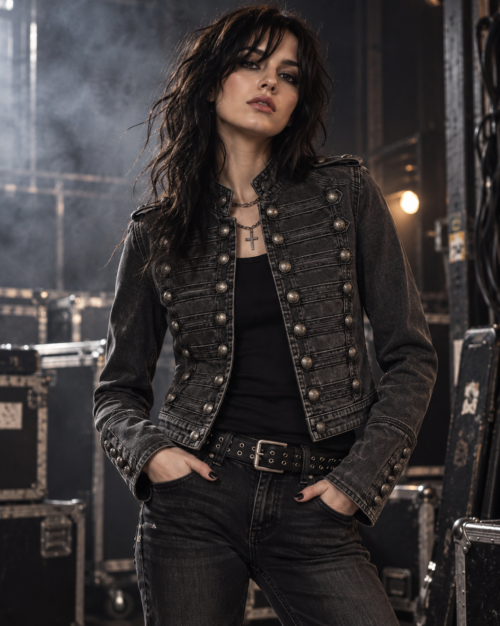 Black wash military denim jacket styled in a dark alternative rock backstage setting