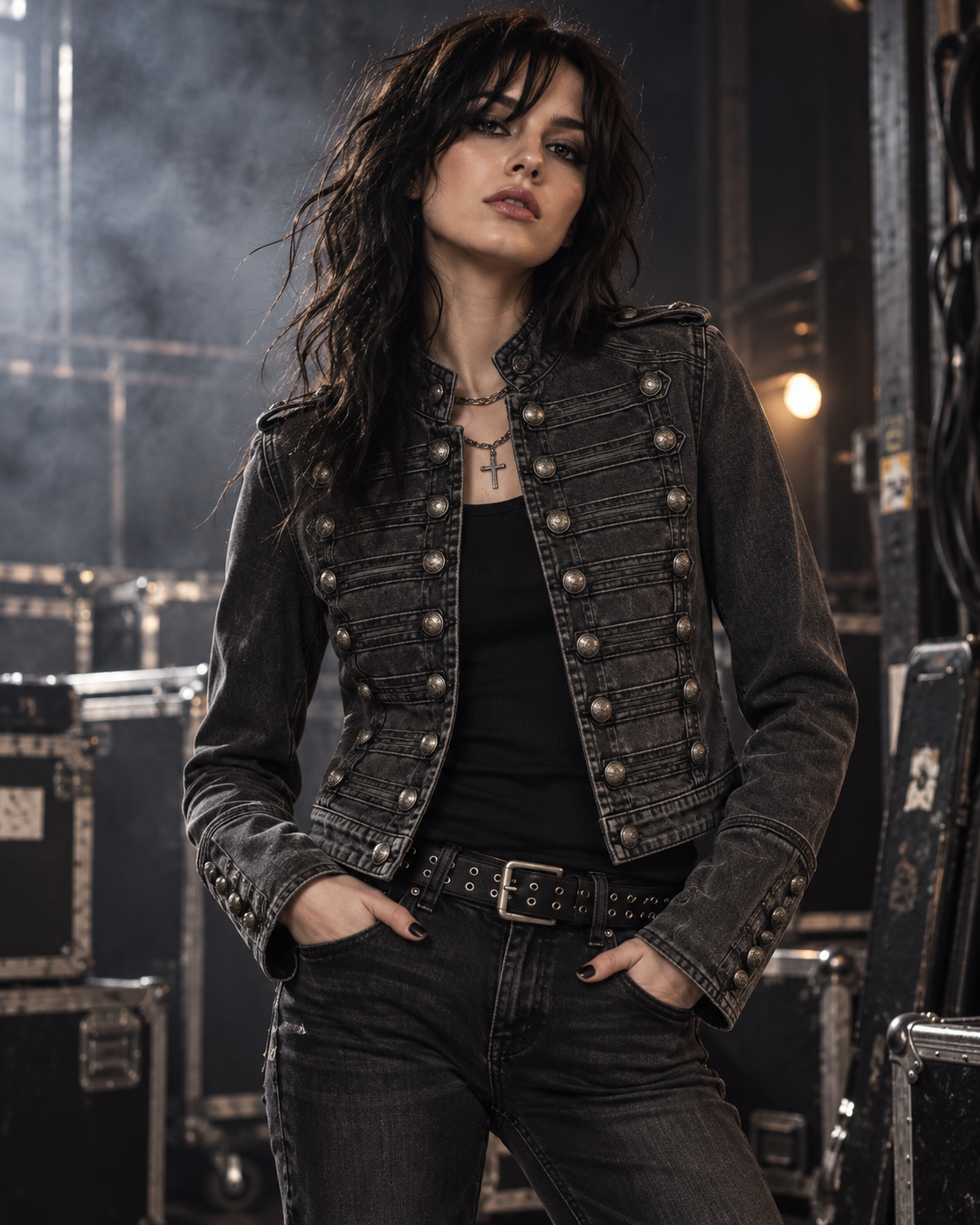Black wash military denim jacket styled in a dark alternative rock backstage setting