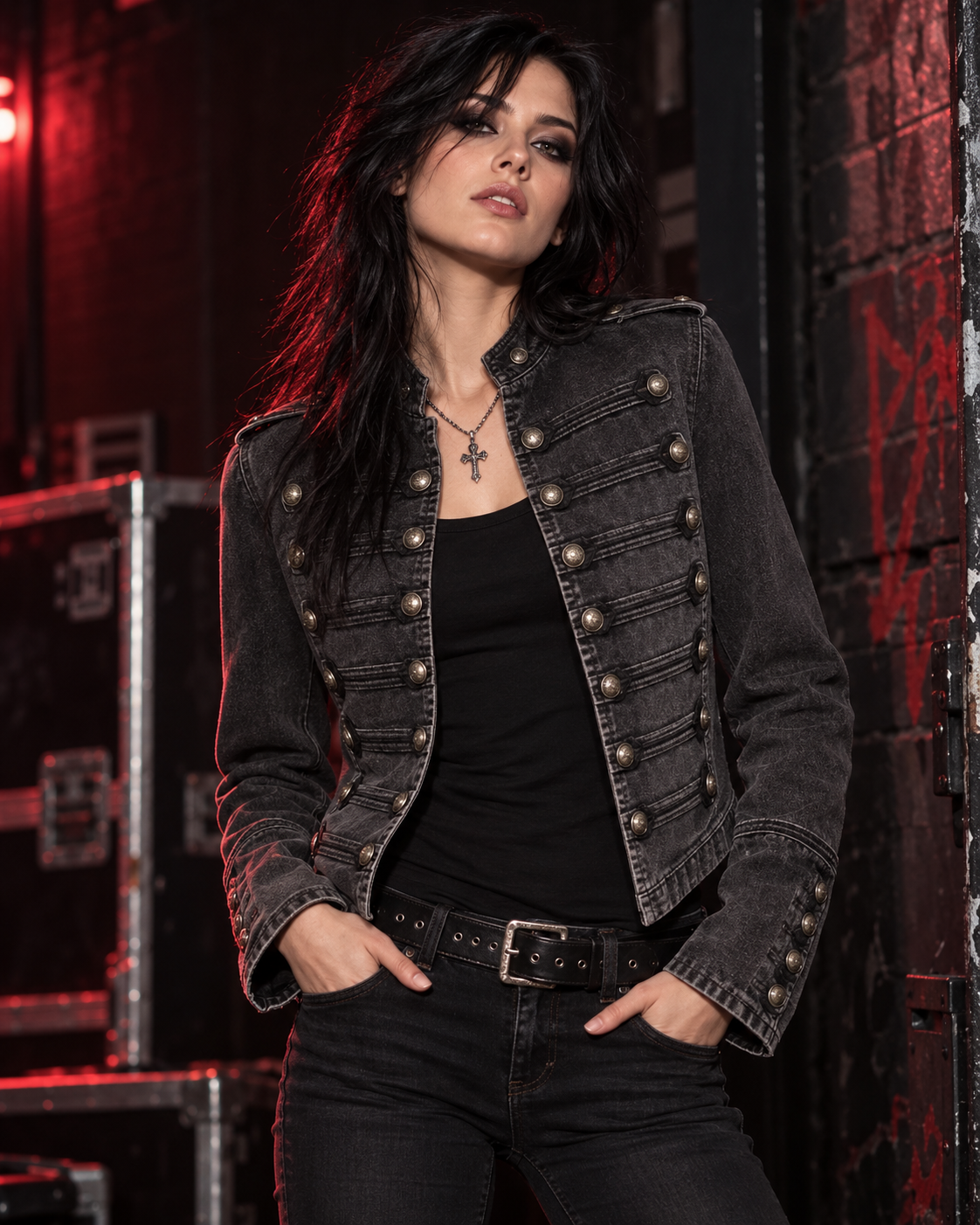 Black wash military denim jacket styled in a red-lit alternative rock setting