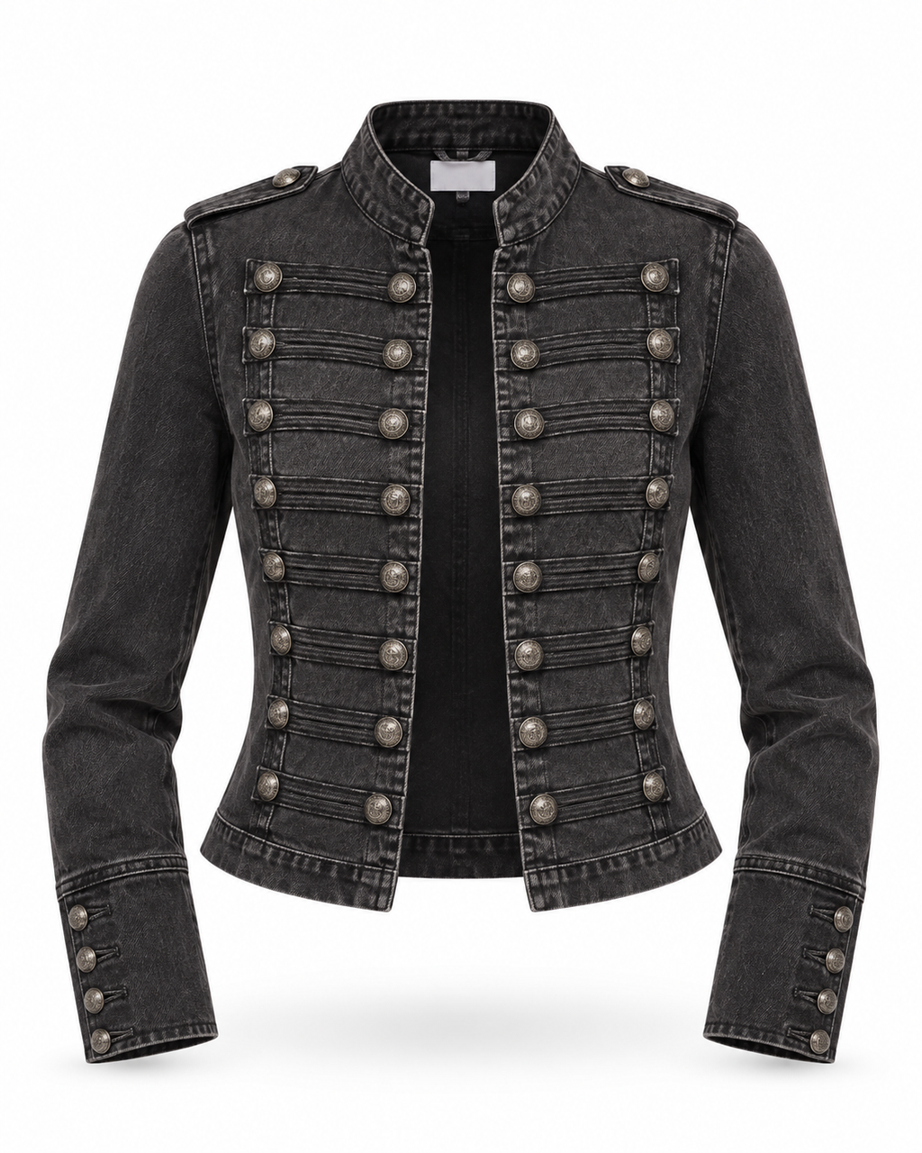 Women's black wash military-inspired denim jacket with decorative metal buttons
