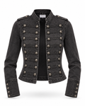Women's black wash military-inspired denim jacket with decorative metal buttons