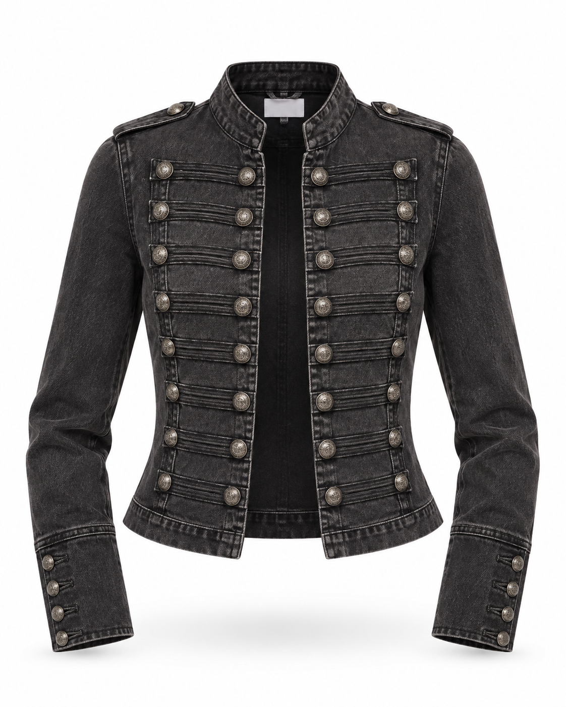 Women's black wash military-inspired denim jacket with decorative metal buttons
