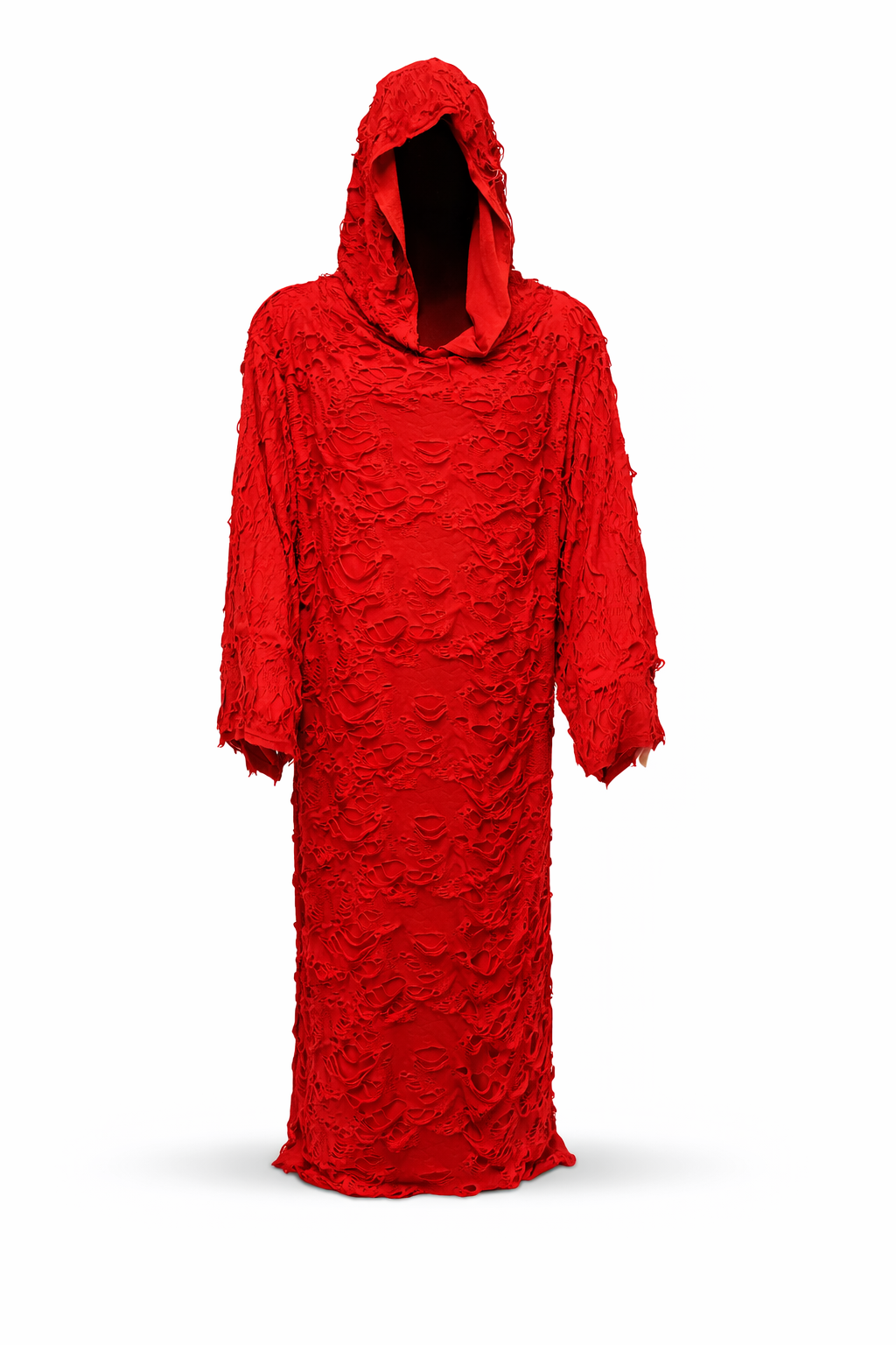 Hooded Tunic – “The Blood Shroud” Shredded Red Gothic Outfit showcased in bold, textured red design with hood.