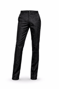 Black scroll-pattern brocade trousers.