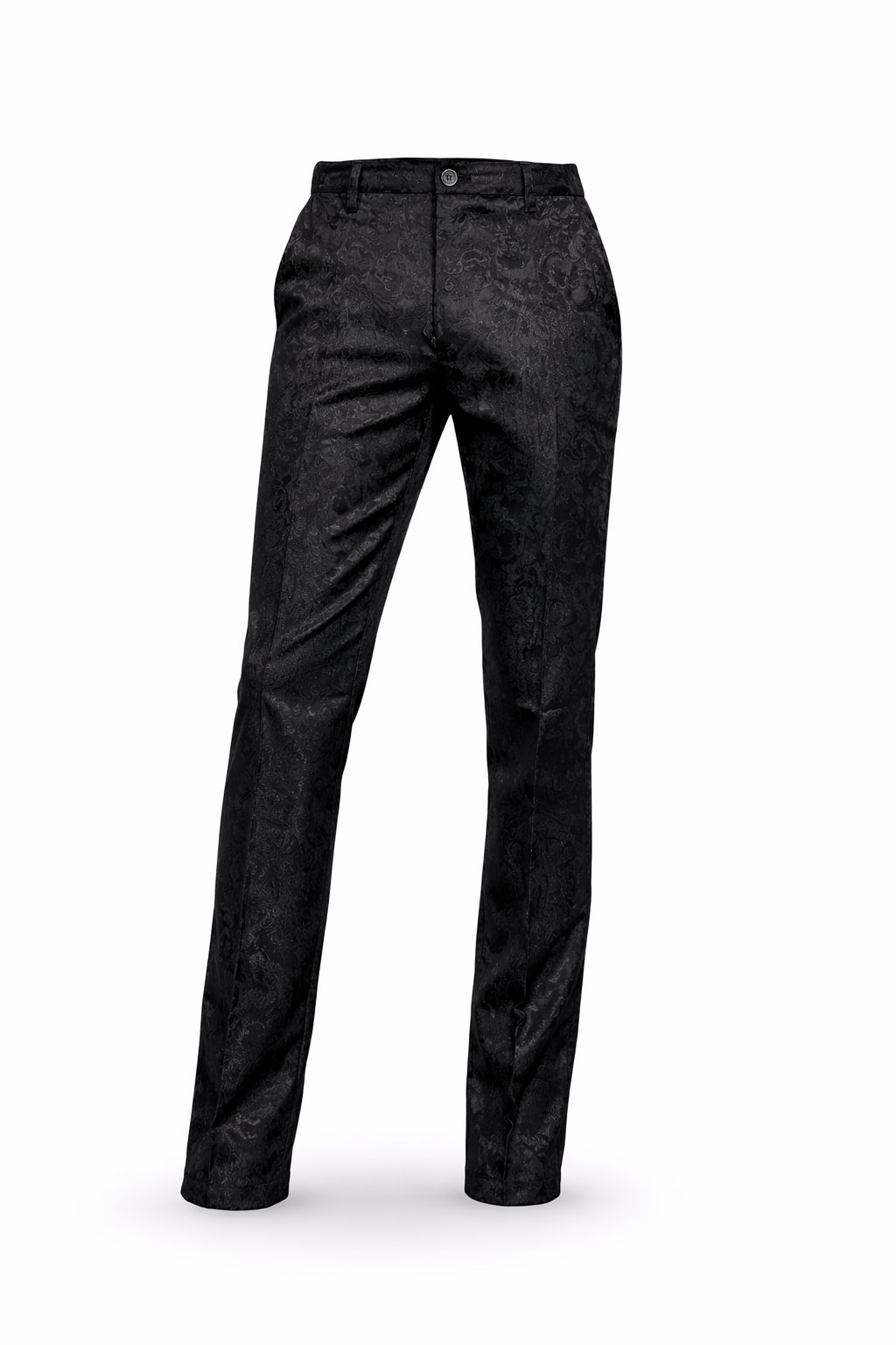 Black scroll-pattern brocade trousers.