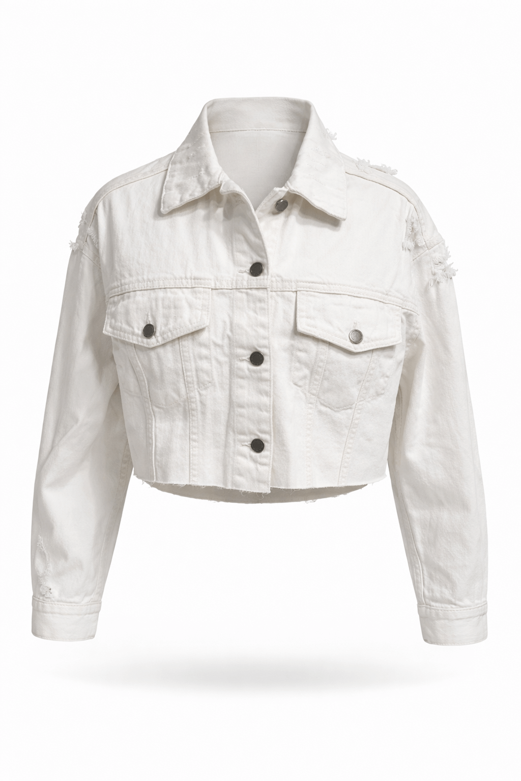 Asylum White Cropped Distress Jeans Jacket, distressed cropped denim jacket with oversized fit and raw-edge hem.