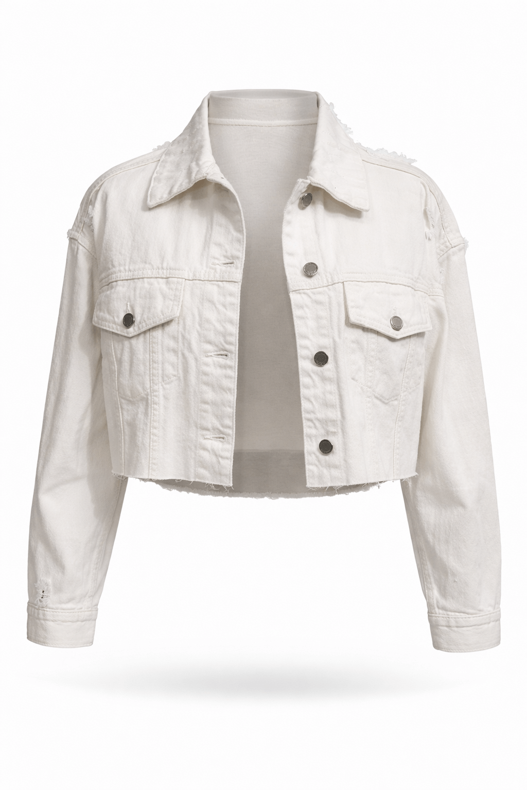White cropped distressed denim jacket.