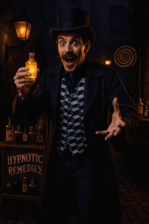 Man in a top hat holding a glowing bottle in an eerie setting with bottles labeled 'Hypnotic Remedies'.