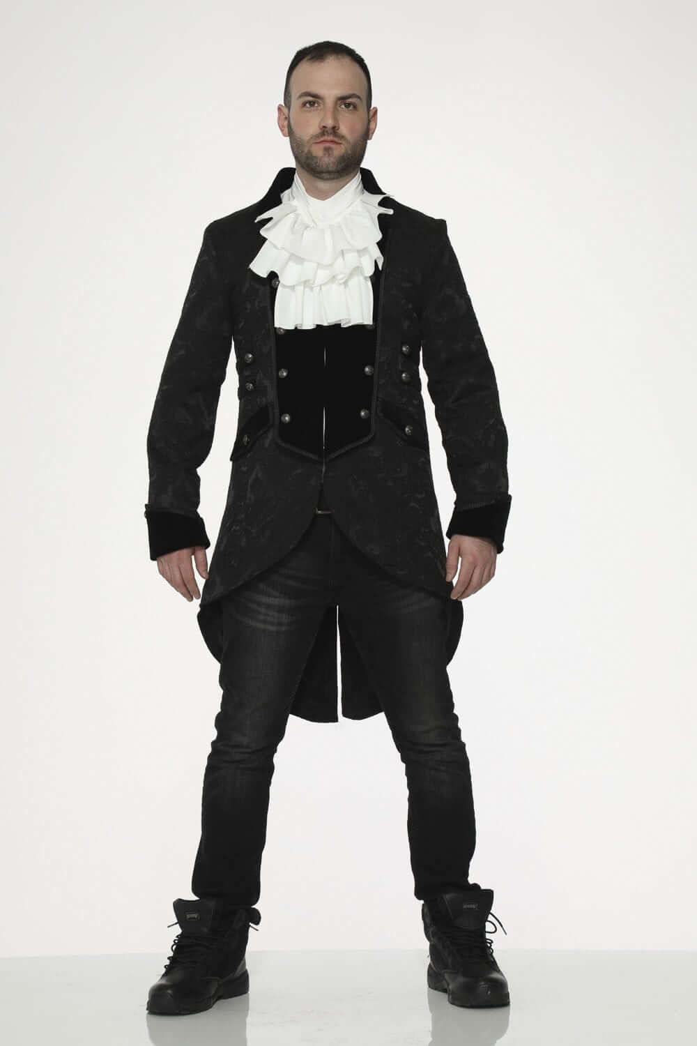 Black Pirate Coat – Gothic Steampunk Captain Jacket worn by model, showcasing stylish brocade and velvet details.