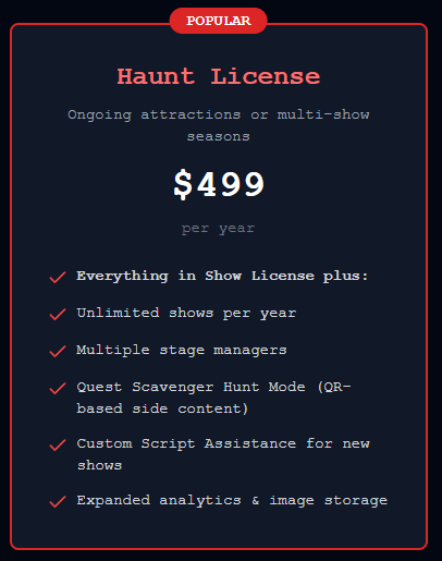 Haunt License details including pricing and features for ongoing attractions and multi-show seasons.