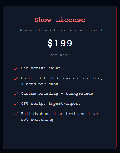 Show License for Deads Up™ — Networked Zombie Actor Script System, independent haunts, $199 per year.