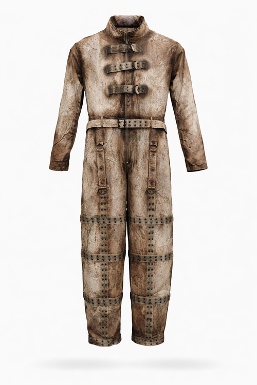 Asylum Jumpsuit featuring high collar and grommeted straps, designed with a vintage institutional style.