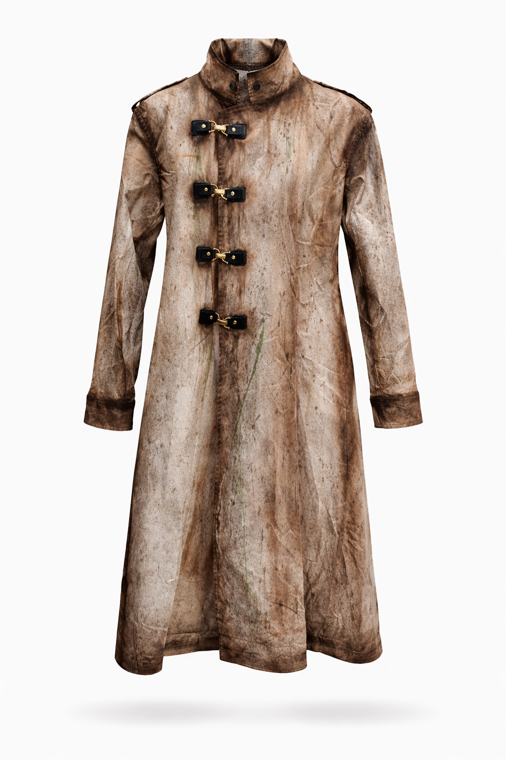 Mad Scientist Asylum Institutional Surgeon's Coat featuring a brown mottled design and black toggle hardware.