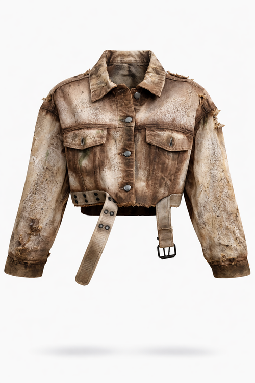 Asylum White Cropped Distress Jeans Jacket featuring a distressed design and oversized fit.