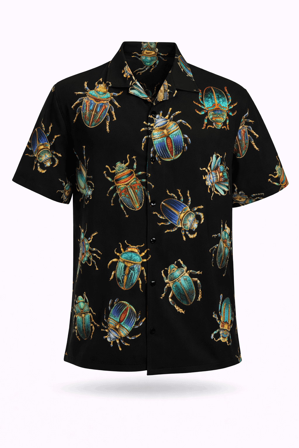 Black button-up shirt with Egyptian scarab print.