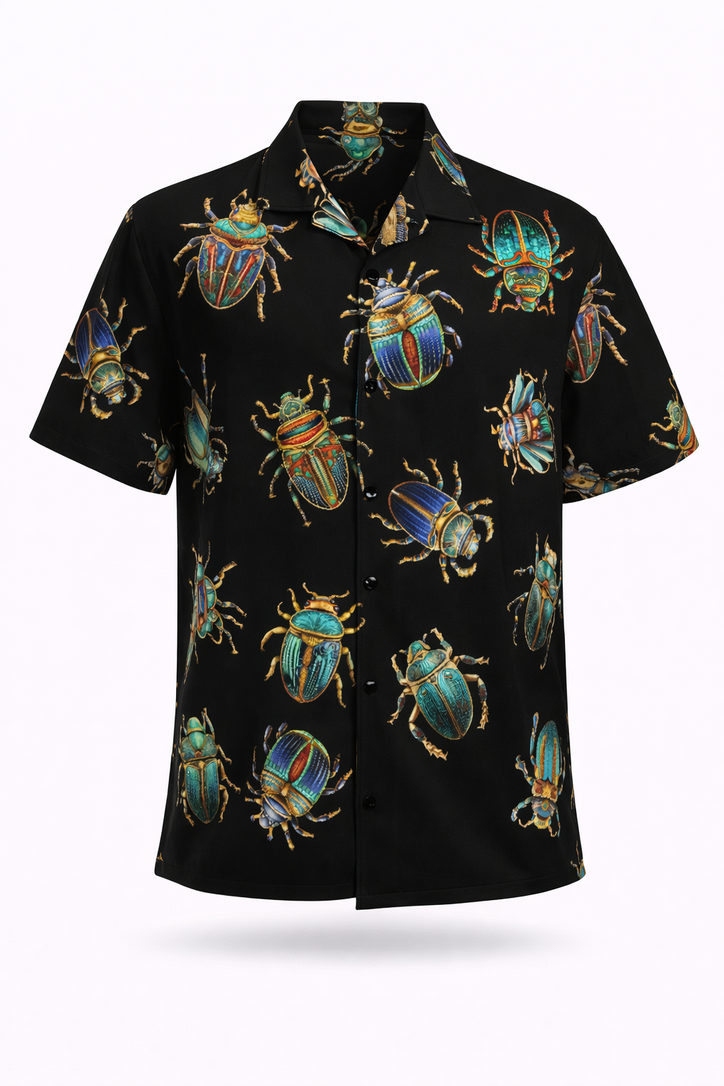 Egyptian scarabs gothic shirt featuring an all-over beetle print on a black background, perfect for warm nights.