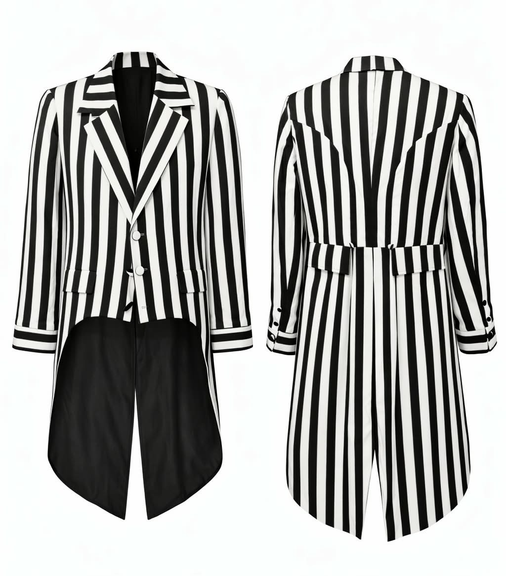Black and White Stripe Cotton Tailcoat (coming soon) featuring vertical stripes and a tailored design.