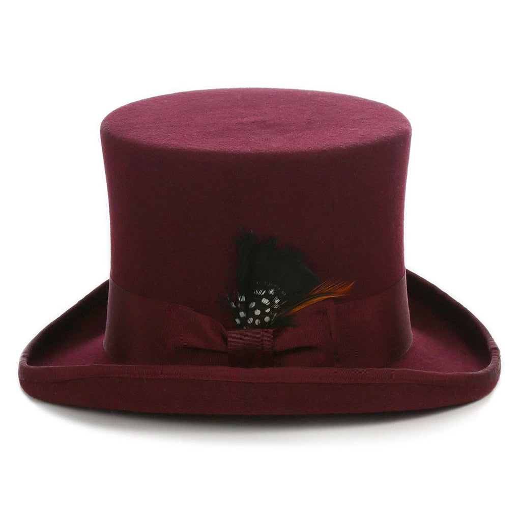  wool top hat in burgundy with grosgrain ribbon and feather accent.