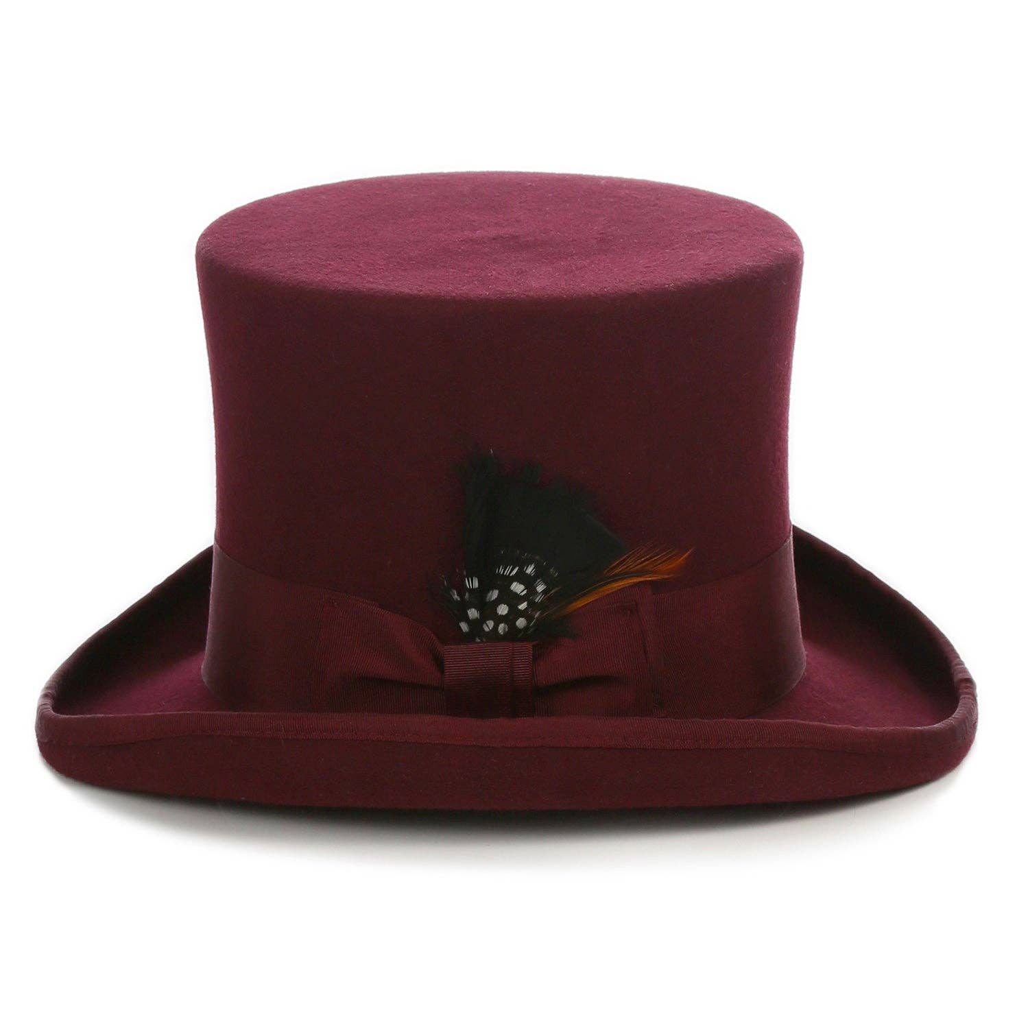  wool top hat in burgundy with grosgrain ribbon and feather accent.