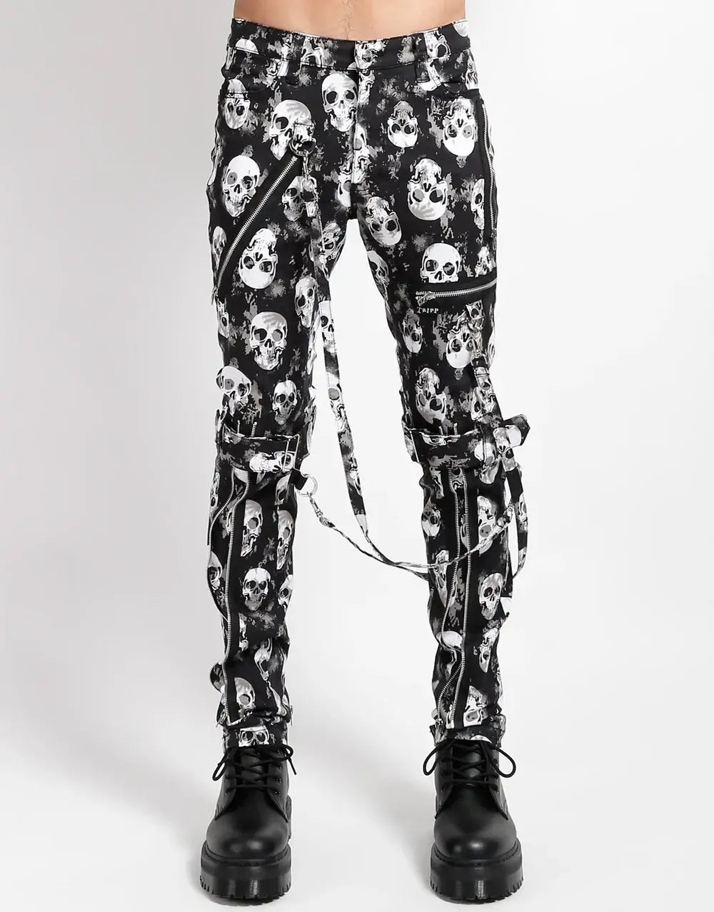 Tripp NYC Skull Bondage Jeans – Gothic Shadow Pants featuring skull graphics and bondage straps.