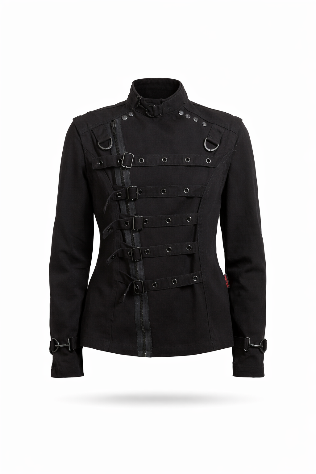 TRIPP Zip Off Buckle Jacket featuring adjustable buckles and zippered front in black.