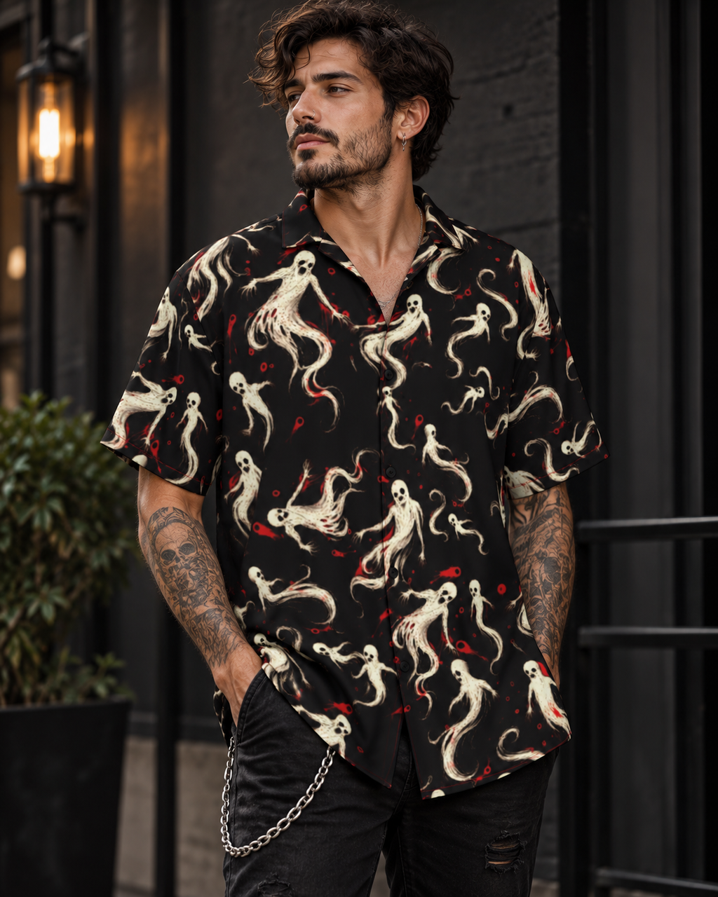 Man wearing the Ghouls 2026 Skelly Shirt in an alternative urban setting