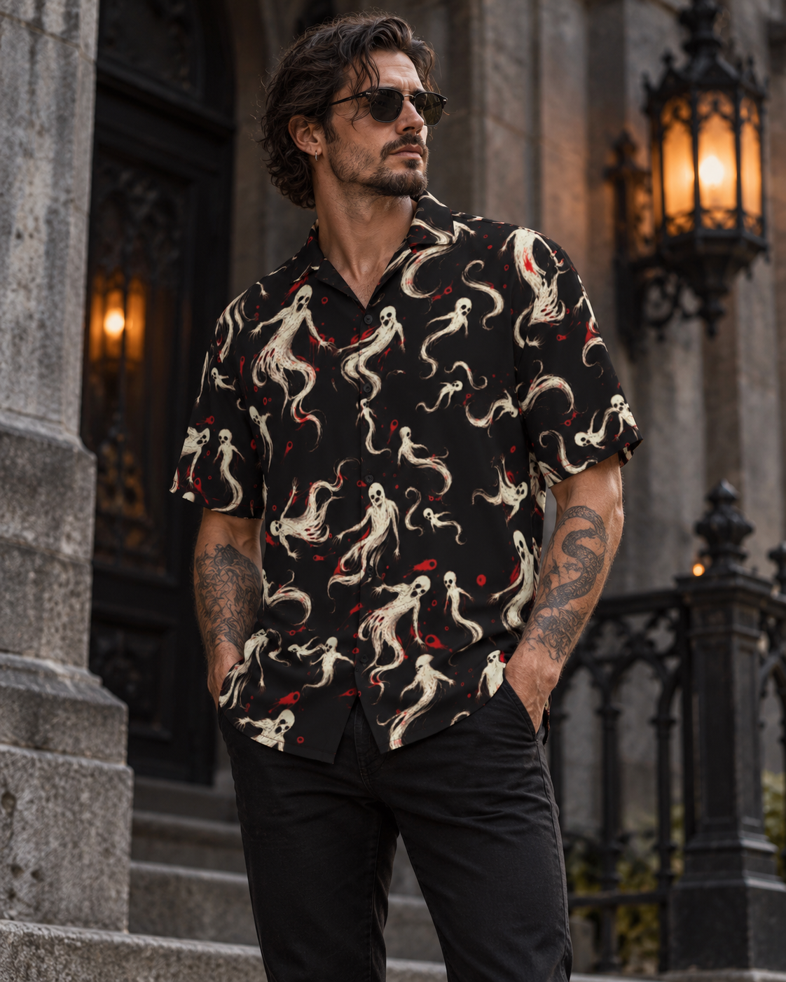 Man wearing the Ghouls 2026 Skelly Shirt outside a gothic stone building
