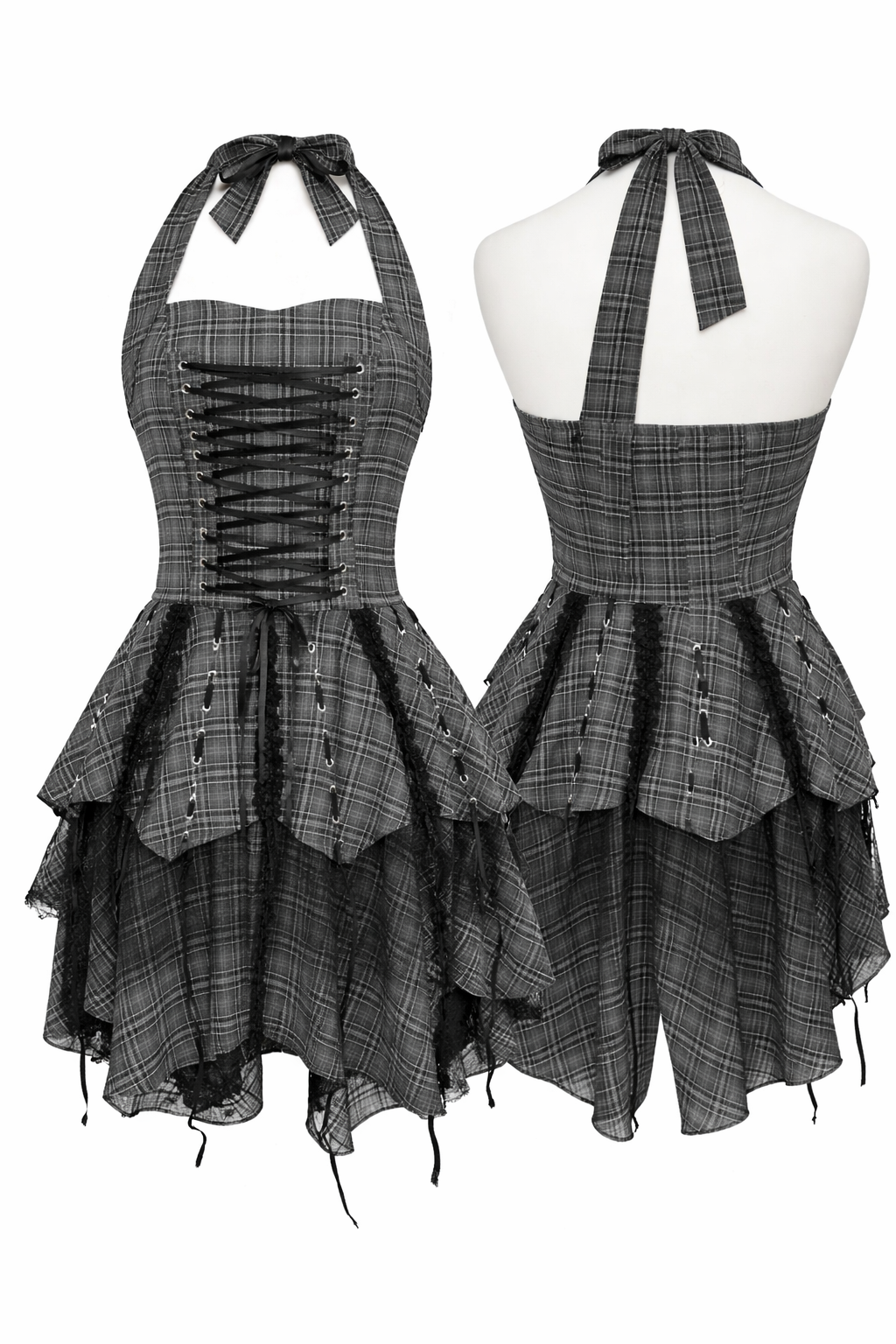 Grey plaid lace-up mini dress.