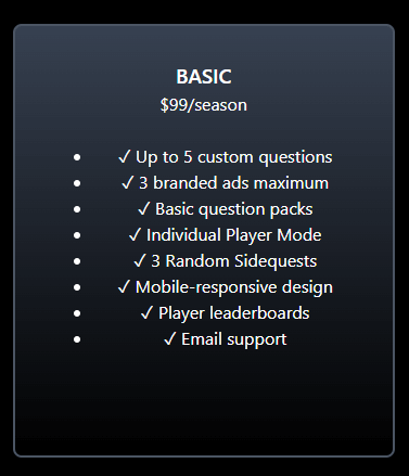 Heinous Trivia™ — Live Horror Trivia Game for Haunted Attractions basic package features and pricing overview.