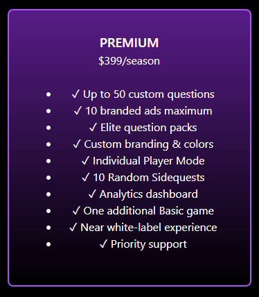 Premium package details for Heinous Trivia™ — Live Horror Trivia Game for Haunted Attractions.