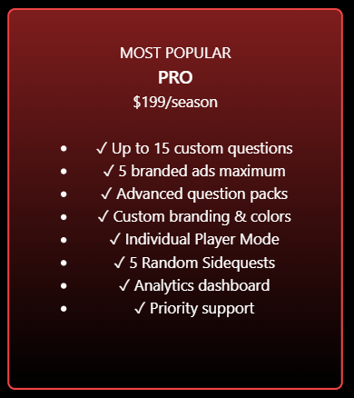 Heinous Trivia™ — Live Horror Trivia Game for Haunted Attractions pricing details for the PRO plan including features.