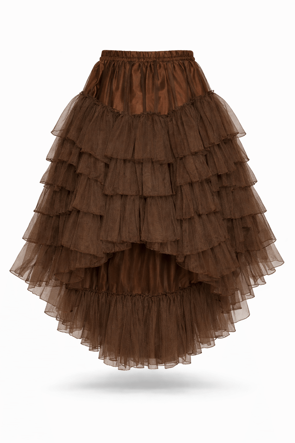 Brown layered mesh burlesque skirt with a high-low hem.