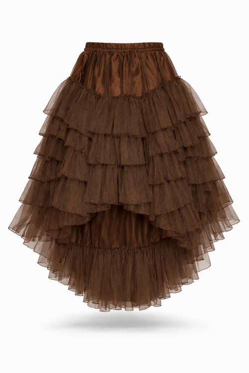 Brown layered mesh burlesque skirt with a high-low hem.