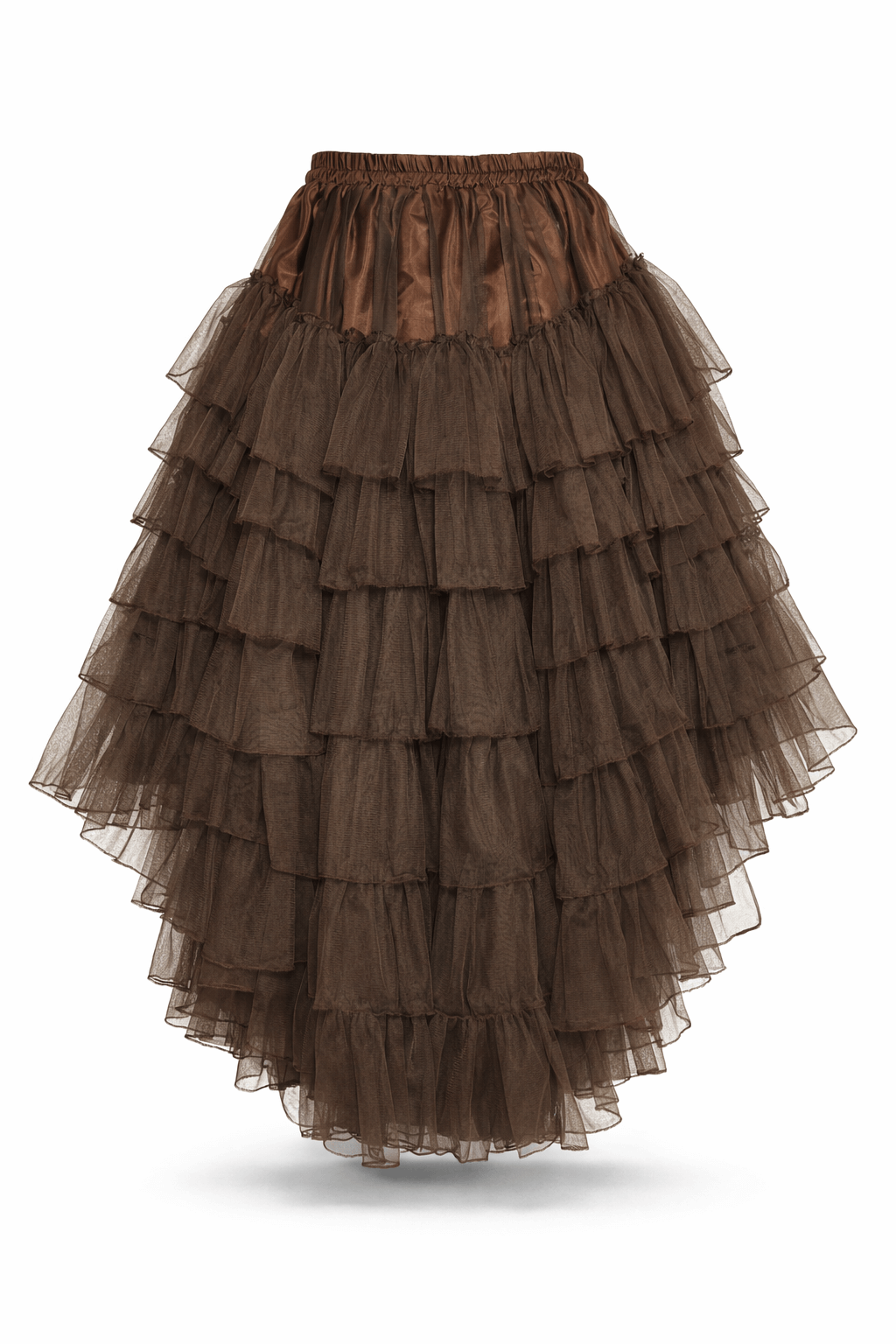 Amelia Long Burlesque Skirt – Brown Mesh with layered tiers of sheer brown mesh for dramatic styling.