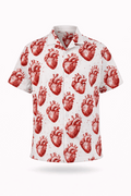 White button-up shirt with red anatomical-heart print.