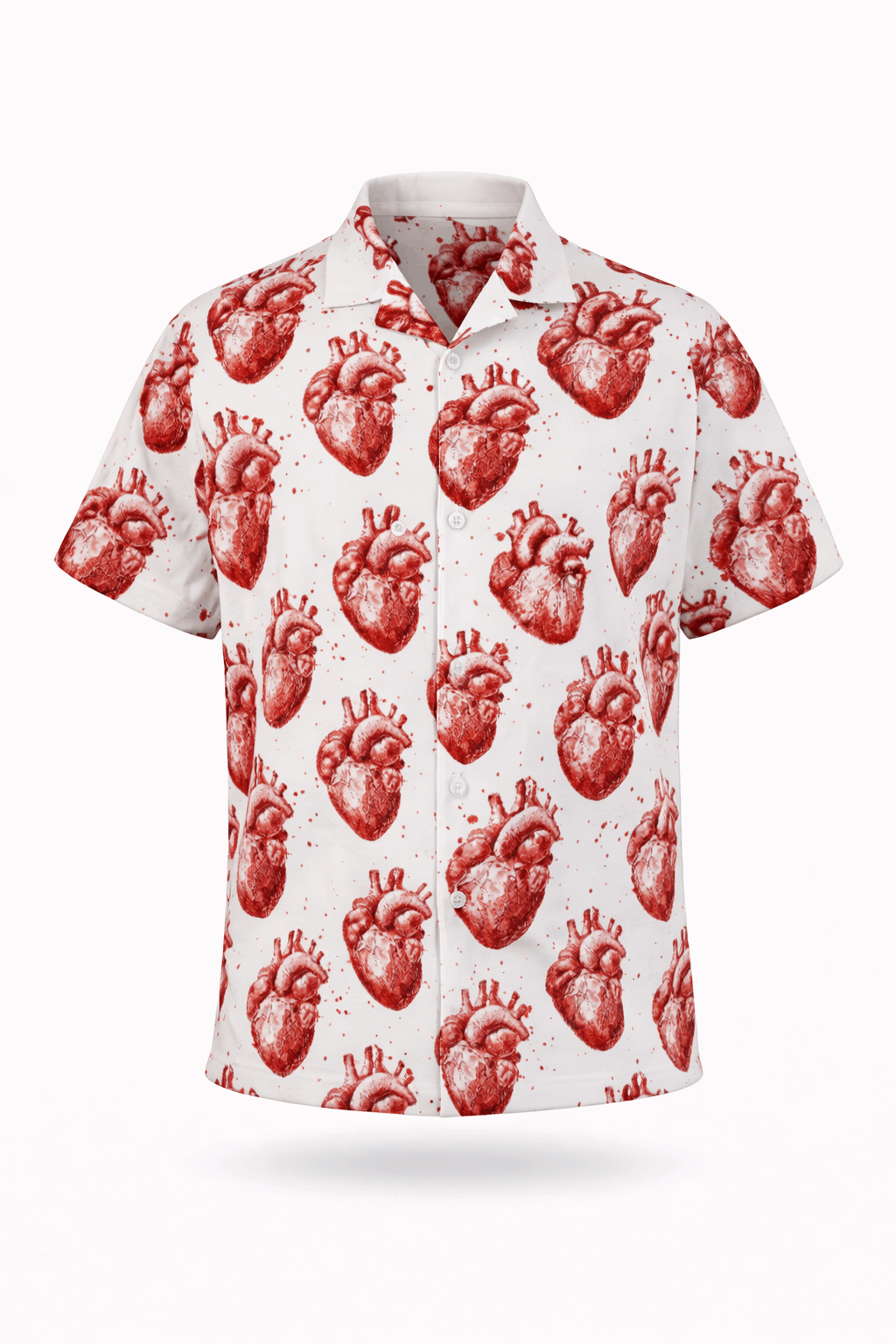 White button-up shirt with red anatomical-heart print.