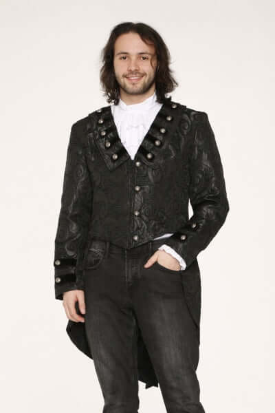 Men's Victorian-inspired black brocade tailcoat worn by a model, showcasing its gothic style and ornate details.