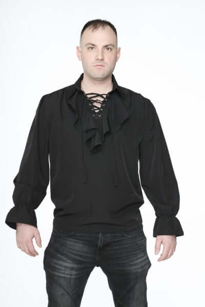 Black Pirate Poet Shirt worn by a model, featuring a lace-up front and flowing ruffle detail.